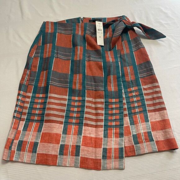 Ann Taylor Dresses & Skirts - NWT Ann Taylor Plaid Linen Tie Wrap Blue Orange Skirt Size 6 New
